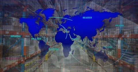 Animation of world map and data processing over business wharehouse interior Stock Footage 329126546