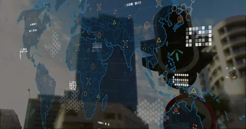Animation of world map and data processing against traffic signal light on the Stock Footage 329561026