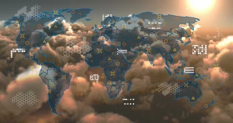 Animation of world map and data processing against dark clouds in the sky Stock Footage 329579787