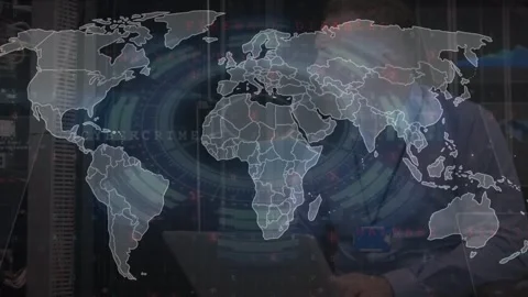 Animation of world map and data processing with scope scanning over caucasian Stock Footage 329769787