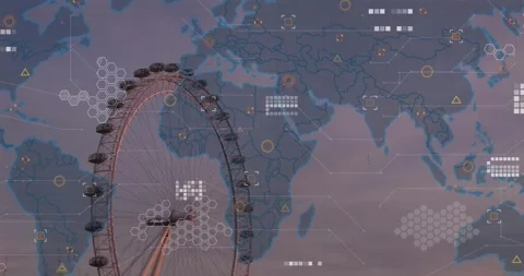 Animation of world map and data processing against aerial view of london eye Stock Footage 329972041