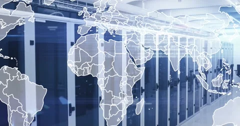 Animation of world map and data processing against computer server room Stock Footage 330052550