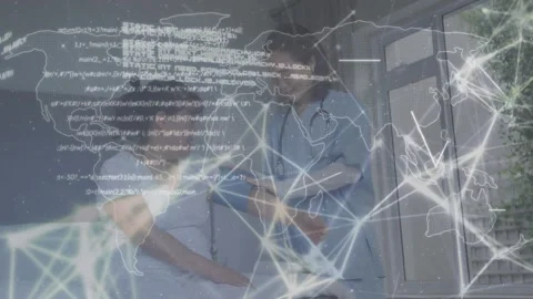 Animation of world map and data processing against asian female doctor examining Stock Footage 330594078