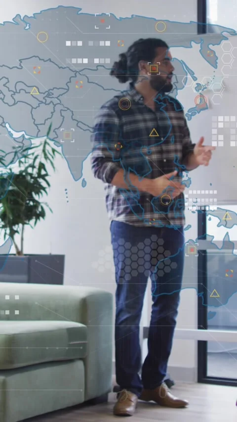 Animation of world map and data processing against man giving a presentation at Stock Footage 341927349