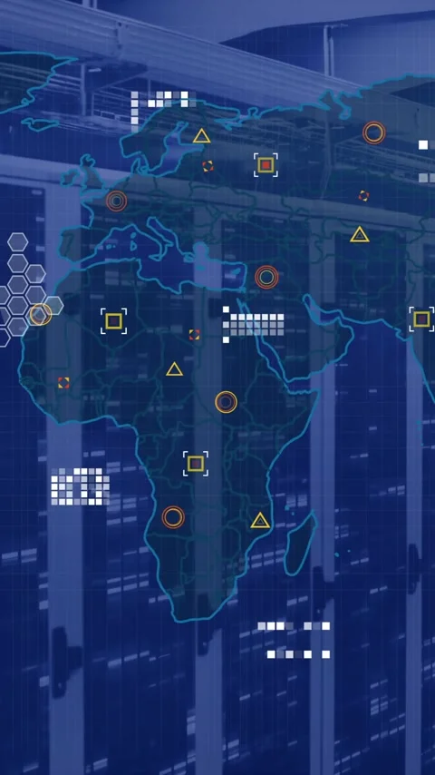 Animation of world map and data processing over computer servers Stock Footage 341927475