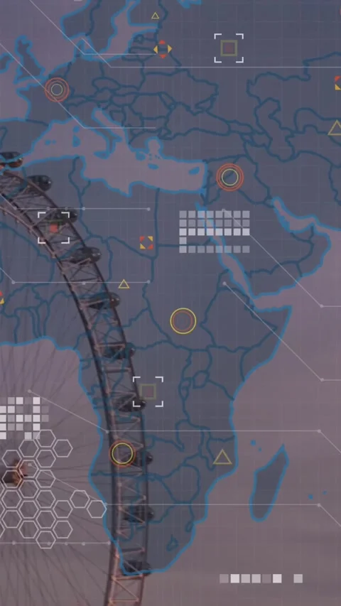 Animation of world map and data processing against aerial view of london eye Stock Footage 341956549