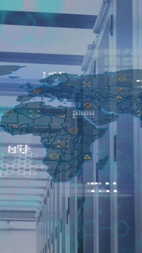 Animation of world map and data processing against computer server room Stock Footage 344693413