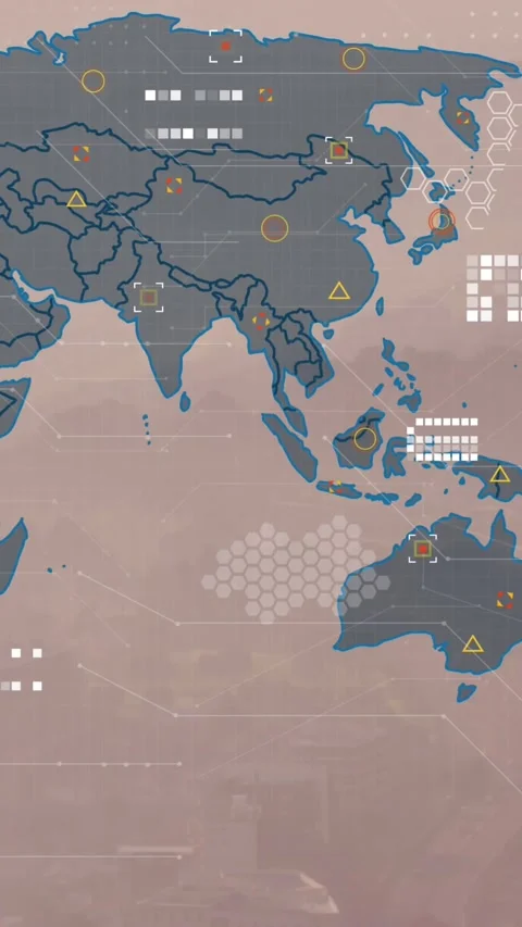Animation of world map and data processing against aerial view of cityscape Vídeos de archivo 344774737