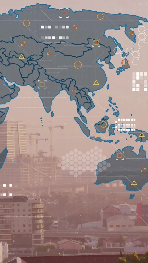 Animation of world map and data processing against aerial view of cityscape Vídeos de archivo 344783297