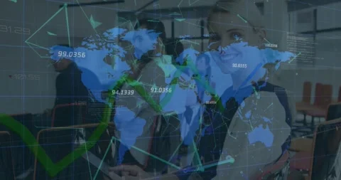Animation of world map and financial data processing over business people in Stock Footage 330251111