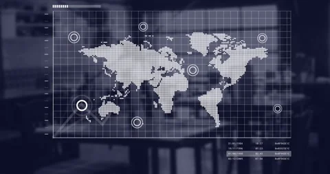 Animation of world map and financial data processing over office Stock Footage 330288229