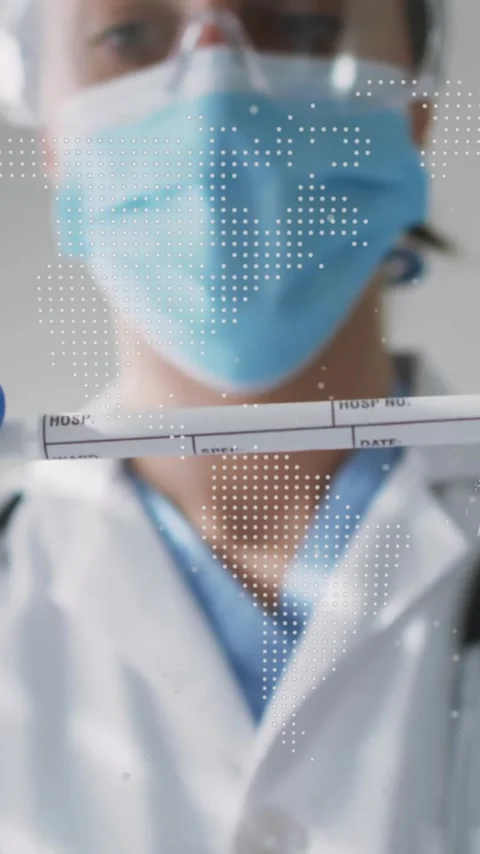 Animation of world map and globe over caucasian female doctor taking sample Stock Footage 341991885