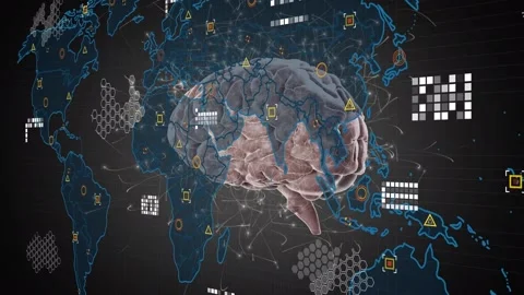 Animation of world map and icons over rotating brain on black background Stock Footage 199365562