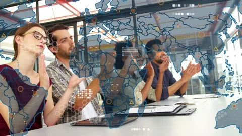 Animation of world map and icons over diverse businesspeople clapping hands Stock Footage 327002721