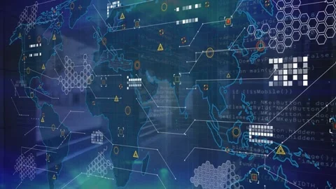 Animation of world map and icons over blue interior Stock Footage 327898797