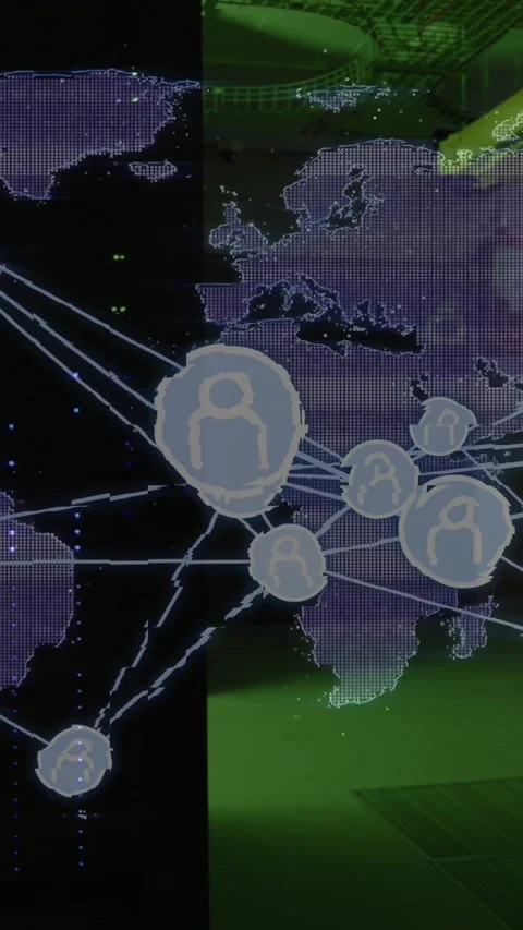 Animation of world map and icons over server room Stock Footage 342608249