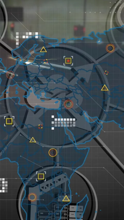 Animation of world map and icons over city at night Stock Footage 343644565