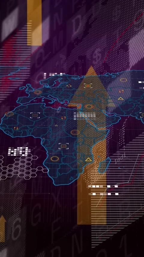 Animation of world map and icons over arrows on violet background Stock Footage 343682293