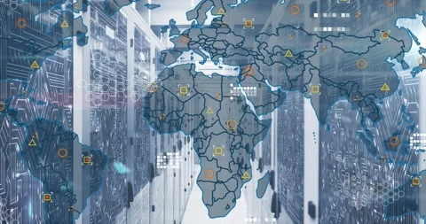 Animation of world map and microprocessor connections against computer server Stockbeeldmateriaal 328836878
