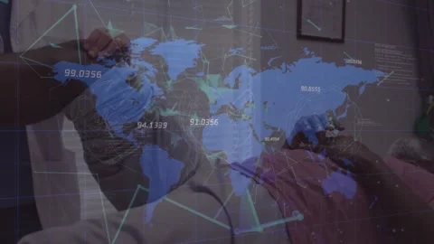 Animation of world map and plexus networks over caucasian female doctor examinin Stock Footage 244310847