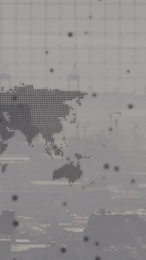 Animation of world map and spinning globe against aerial view of cityscape Stock Footage 341927356