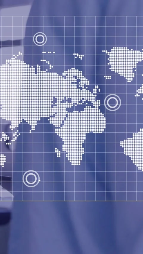 Animation of world map andata processing over businesswoman using smartphone in Stock Footage 341927513