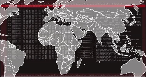 Animation of world map with binary code overlay, Europe highlighted in red Stock Footage 304768695