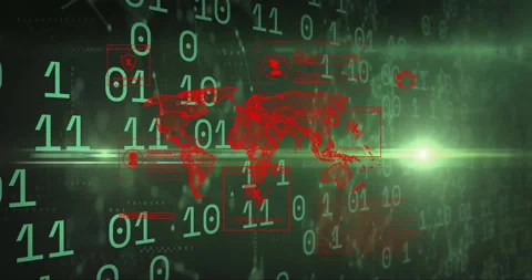 Animation of world map, binary coding and data processing over computer servers Stock Footage 265551462