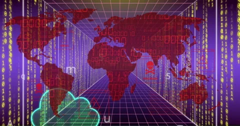 Animation of world map, binary coding and data processing over computer servers Stock Footage 265551475