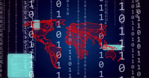 Animation of world map, binary coding and data processing over computer servers Stock Footage 265551548
