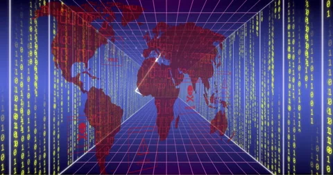 Animation of world map, binary coding and data processing over computer servers Stock Footage 265551564