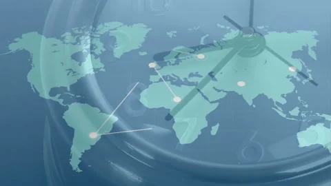 Animation of world map with clock hands indicating global time zones concept Stock Footage 304088405