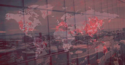 Animation of world map with covid 19 pandemic locations over cityscape on red Stock Footage 153040731