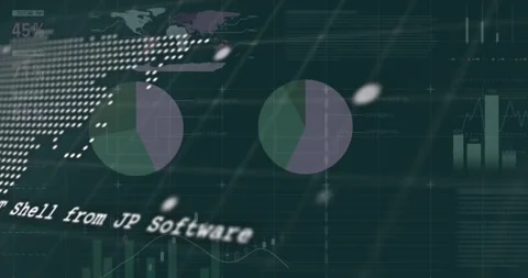 Animation of world map, data, graphs and financial data on black background 動画素材 329568452
