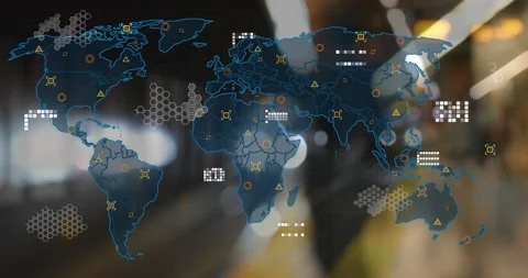 Animation of world map with data processing over underground train arriving at Vídeo Stock 201173259