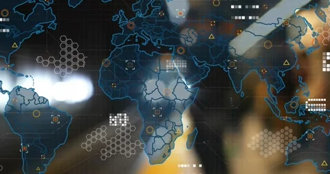 Animation of world map with data processing over underground train arriving at Vídeo Stock 326763311