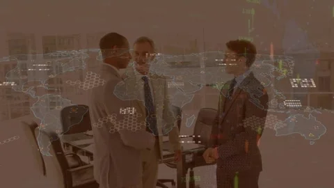 Animation of world map with data processing over diverse business people in Stock Footage 330294513