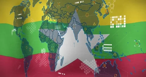 Animation of world map with digital data elements on colorful flag-themed Stock Footage 325706019