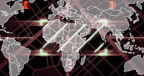 Animation of world map with digital grid and glowing lines, futuristic data Stock Footage 303870446