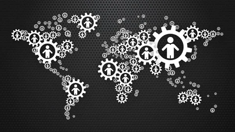Animation world map of gears cog wheels with a man silhouette on black perfor Stock Footage 87496589
