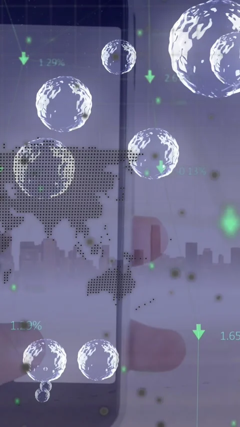 Animation of world map, globe and bubbles over hand holding smartphone Stock Footage 343027918