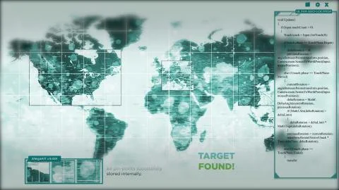 Animation of a world map with hackers targeting points on it Stockillustratie