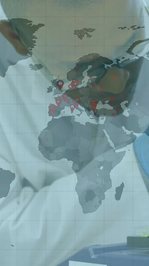 Animation of world map with hands of scientist testing with equipment in lab Stock Footage 323682241