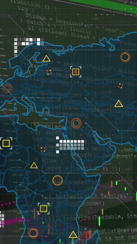 Animation of world map, icons, graphs and data processing on dark green Stock Footage 343644097
