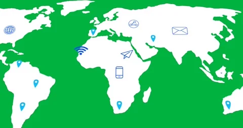 Animation of world map with location marks and tech icons on transparent Stock Footage 318271820