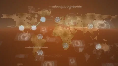Animation of world map, network of connections and data processing on orange Stock Footage 159156339