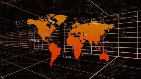 Animation of world map with numerical data and equations in school setting Stock Footage 330297189