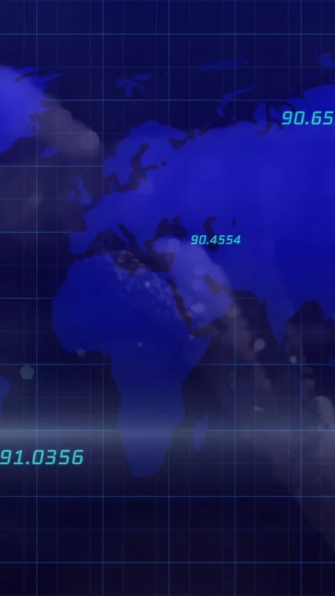 Animation of world map with numerical data overlay on blue grid background Stock Footage 344244693