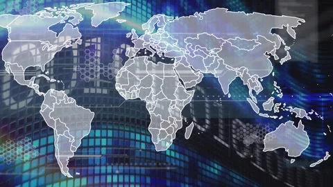 Animation of world map over binary code on display Stock Footage 328461422
