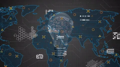 Animation of world map over brain in bulb on grey background Stock Footage 199365496